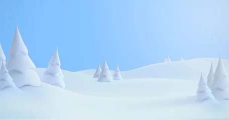 Tuinposter Winter landscape with snowdrifts and snowy fir trees. © maximmmmum