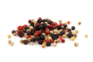 Dry Trio colour peppercorn grinder isolated on white background. Top view