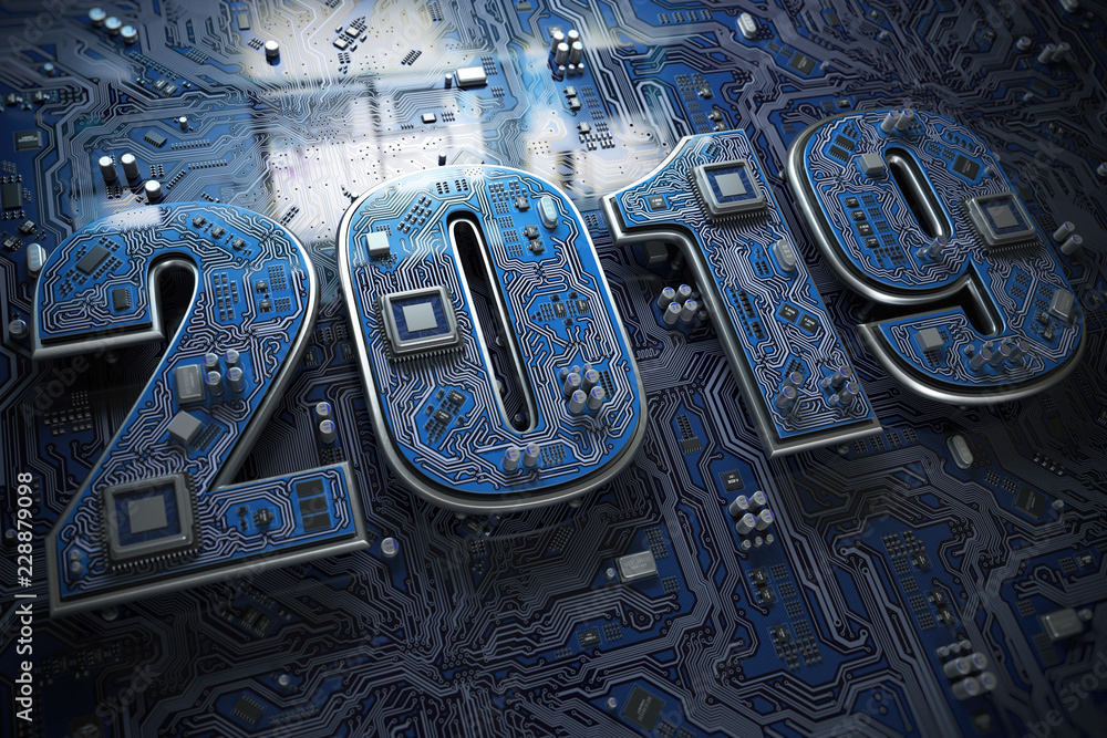 Poster 2019 on circuit board or motherboard with cpu. Computer technology and internet commucations digital concept. Happy new 2019 year.