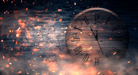 Brick wall background, antique clock, neon light, bright sparks of burning time, smoke. Dark background of empty interior.