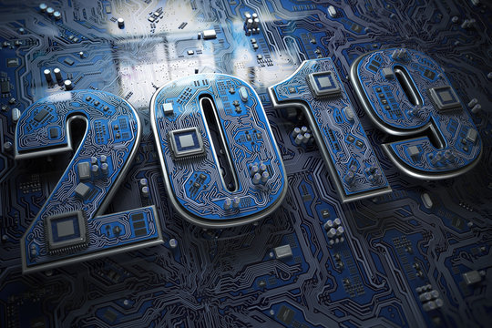 2019 on circuit board or motherboard with cpu. Computer technology and internet commucations digital concept. Happy new 2019 year.