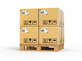 Cardboard boxes on shipping pallets,isolated on white,3d rendering,conceptual image.