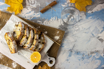 Fototapeta na wymiar Slices of homemade raisin cake. Raisin bread cake. Breakfast concept. Rustic style.