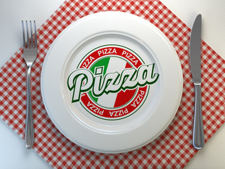 Pizza text on the plate in italian restaurant. Top view.