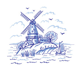 Dutch windmill, blue pattern, painting, Delft, Gzhel, English porcelain, vector illustration. Decorative landscape with a mill and a sailboat in blue tones.