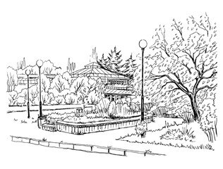 Orangery in the park, black and white vector illustration, landscape.