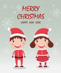 Merry Christmas and happy new year greeting card,banner with cute kids,girl and boy wear Christmas costume and gifts. Cartoon character vector.