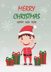 Merry Christmas and happy new year greeting card,banner with cute kids boy wear Christmas costume and gifts. Cartoon character vector.