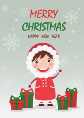 Merry Christmas and happy new year greeting card,banner with cute kid wear Christmas costume and gifts. Cartoon character vector.