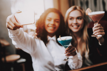 Selfie. Girls. Order. Cocktail. Sit. Bar. Emotion.