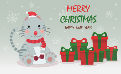 Merry Christmas and happy new year greeting card,banner with cute cat wear Christmas costume and gifts. Cartoon character vector.