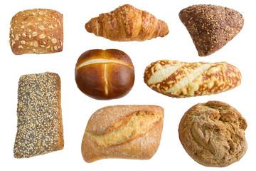 Gemischte Brötchen isoliert auf weißem Hintergrund für individuellen dekorativen Einsatz.