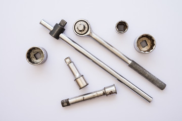 Set of tool ratchet torque wrench, socket wrench on white background - tool accessories