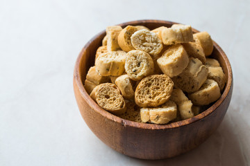 Stack of Round Shaped Crispy Rye Crouton Bread Biscuits / Crostini