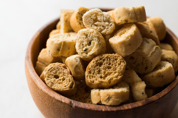 Stack of Round Shaped Crispy Rye Crouton Bread Biscuits / Crostini