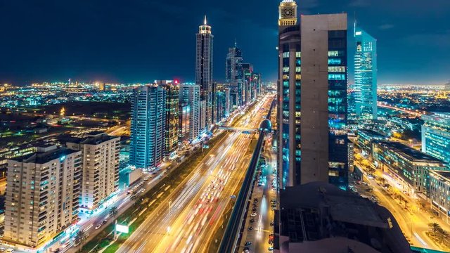 Aerial view on highways and skyscrapers of Dubai, United Arab Emirates. 4K timelapse.