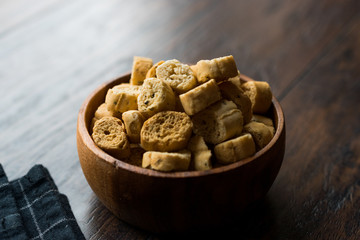 Stack of Round Shaped Crispy Rye Crouton Bread Biscuits / Crostini
