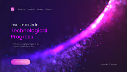 Abstract landing page template with a shiny purple particles background - Investments in Technological Progress, can be used for business, internet technology and web interface - obrazy, fototapety, plakaty