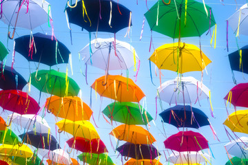 The sky of colorful umbrellas. Street with umbrellas.Umbrella Sky.
