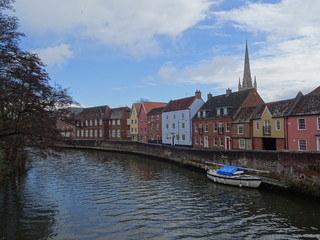 River Wensum, Norwich Cathedral and quayside, Norwich, Norfolk, England, UK