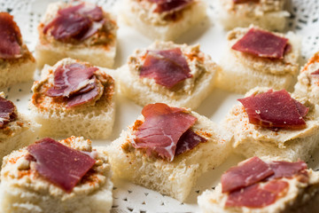 Canape with Pastrami / Pastirma Ham and Hummus on Small Square Bread
