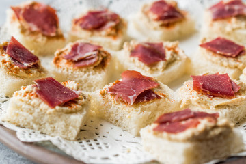 Canape with Pastrami / Pastirma Ham and Hummus on Small Square Bread