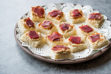 Canape with Pastrami / Pastirma Ham and Hummus on Small Square Bread