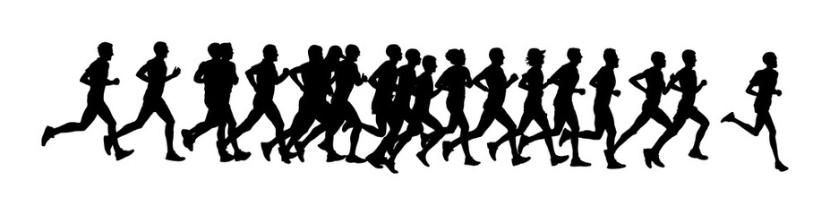 Naklejka na ściany i meble Group of marathon racers running. Marathon people vector silhouette illustration. Healthy lifestyle women and man. Traditional sport race. Urban runners on the street. Team building concept. 