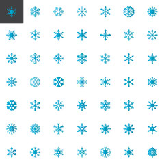 Blue snowflakes elements collection, flat icons set, Colorful symbols pack contains - snow, flake, winter, decoration, Christmas. Vector illustration. Flat style design