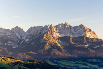 Reith beim Kitzbuehel, Tirol/Austria - September 27 2018: Wilder Kaiser mountain during sunrise