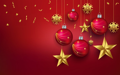 Christmas leaves with a realistic Christmas tree flooring on a red background. Star, ball, perfect for word