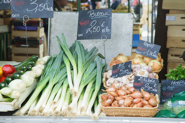 Various fresh vegetables at the stand at french city market