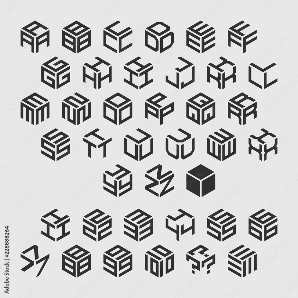 Poster geometric alphabet with numbers. vector isometric logos.