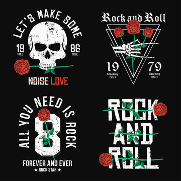 Set of Rock and Roll t-shirt design. Red roses, skull and skeleton hand. Vintage rock music style graphic for t-shirt print with slogan and grunge background
