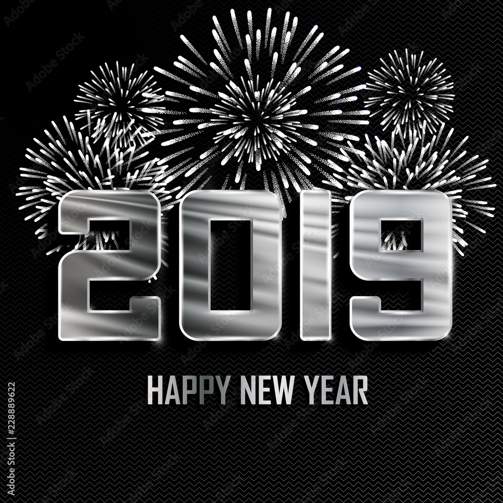 Wall mural happy new year and merry christmas. 2019 new year silver background with fireworks. vector illustrat