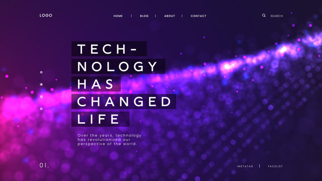 Abstract landing page template with a bright purple particles background - Technology has changed life, can be used for science, innovation technology and digital database interface
