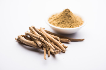 Ashwagandha / Aswaganda OR Indian Ginseng is an Ayurveda medicine in stem and powder form. Isolated on plain background. selective focus