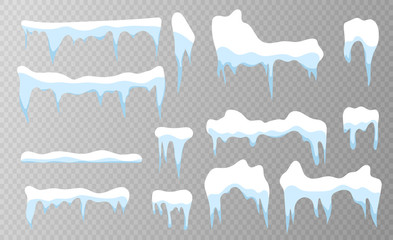 Set of snow icicles on transparent background. Snow elements on winter background. Vector illustration