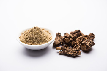 Hemidesmus indicus also known as Ananthamoola or Naruneendi or Nannari in dried steam and powder form. It's a useful Ayurvedic medicine from India