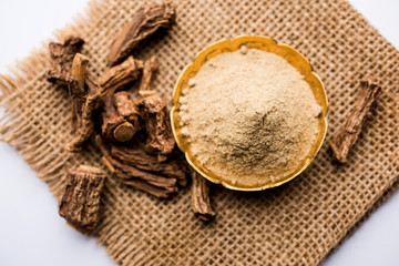 Hemidesmus indicus also known as Ananthamoola or Naruneendi or Nannari in dried steam and powder form. It's a useful Ayurvedic medicine from India