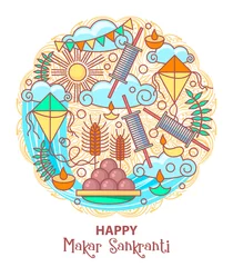 Fototapeten Makar Sankranti kites festival of India. Food, candels, sun, kite string spool background. Makar Sankranti celebration vector illustration © Katsiaryna Hatsak