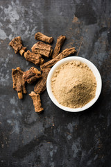 Hemidesmus indicus also known as Ananthamoola or Naruneendi or Nannari in dried steam and powder form. It's a useful Ayurvedic medicine from India