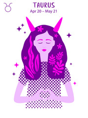Taurus zodiac sign. Girl vector illustration. Astrology zodiac profile. Astrological sign as a beautiful women. Future telling, horoscope, alchemy, spirituality, occultism, fashion