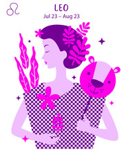 Leo zodiac sign. Girl vector illustration. Astrology zodiac profile. Astrological sign as a beautiful women. Future telling, horoscope, alchemy, spirituality, occultism, fashion