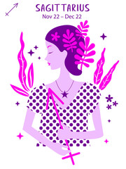 Sagittarius zodiac sign. Girl vector illustration. Astrology zodiac profile. Astrological sign as a beautiful women. Future telling, horoscope, alchemy, spirituality, occultism, fashion