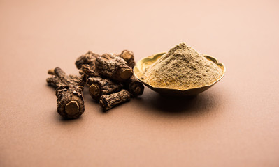 Hemidesmus indicus also known as Ananthamoola or Naruneendi or Nannari in dried steam and powder form. It's a useful Ayurvedic medicine from India