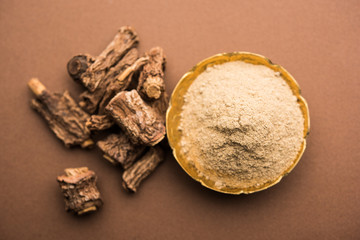 Hemidesmus indicus also known as Ananthamoola or Naruneendi or Nannari in dried steam and powder form. It's a useful Ayurvedic medicine from India