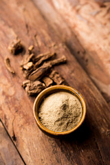 Hemidesmus indicus also known as Ananthamoola or Naruneendi or Nannari in dried steam and powder form. It's a useful Ayurvedic medicine from India