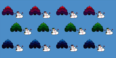 Winter pattern with trees and snowman on a light blue background