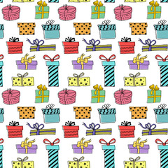 Seamless pattern with hand drawn gift boxes.